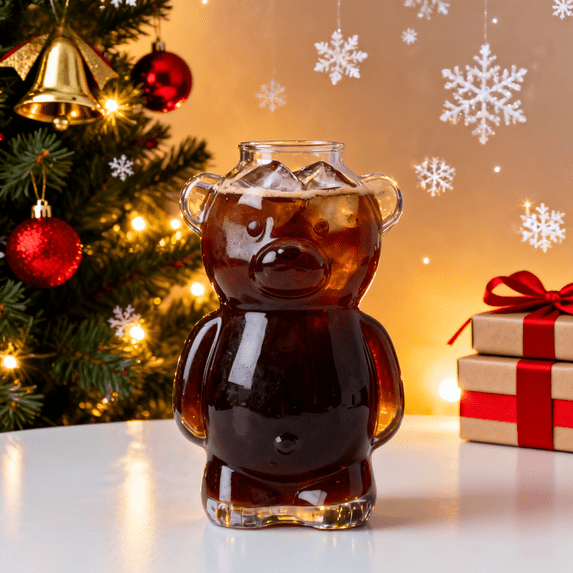Cute Bear Glass Cup with Straw, 11oz Bear-Shaped Cold Cup, Holiday Themed Drinkware, Perfect for Iced Beverages, Viral Christmas Gift, Glass, Holiday Vibes,(1 Bear Cup)