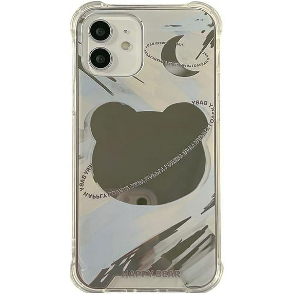 Cute Bear Half Moon Shaped Plating Mirror Phone Case Compatible with iPhone Case (Clear,iPhone 13 Mini)