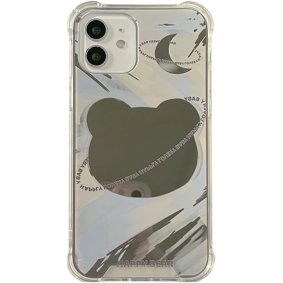 Cute Bear Half Moon Shaped Plating Mirror Phone Case Compatible with iPhone Case (Clear,iPhone 14)