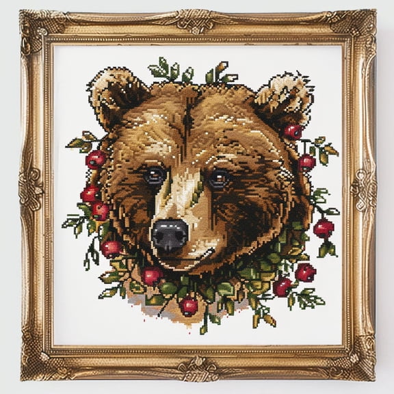 Cute Bear Head Holly Berry DIY 11CT Stamped Cross Stitch Kits for Beginners Easy Needlepoint Embroidery Counted Cross Stitch Art Craft for Wall Decoration 16x16inch(4)