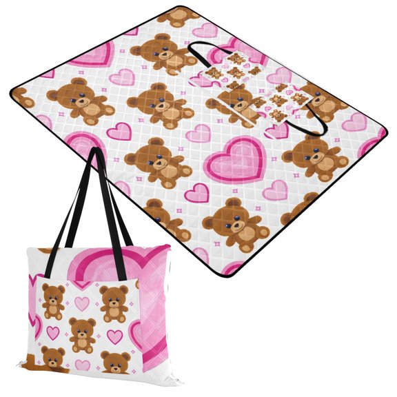 Cute Bear Heart Extra Large Picnic Beach Blanket Waterproof Sand Proof Portable Outdoor Mat 60x80