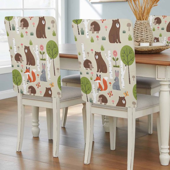 Cute Bear Hedgehog Fox Chair Covers Set of 8 Cartoon Tree Wild Flower Chair Back Covers Stretch Removable Washable Slipcovers Protector for Dining Room Kitchen Party Decor