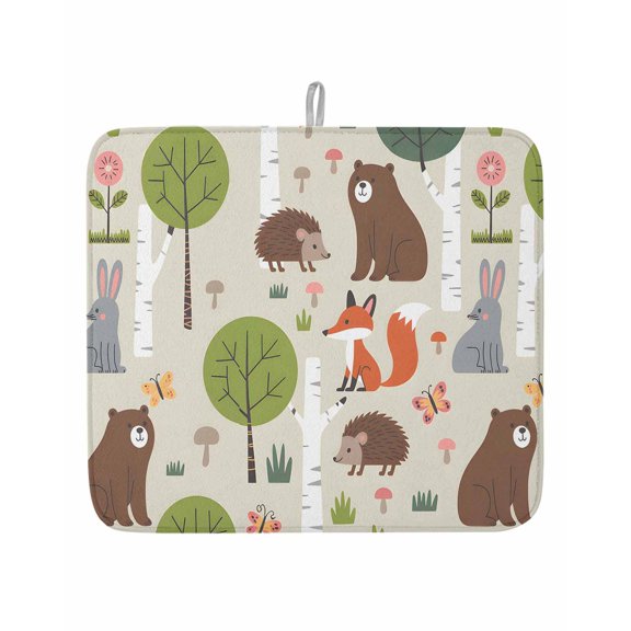 Cute Bear Hedgehog Fox Dish Drying Mats for Kitchen Counter,Absorbent Microfiber Dish Drainer Rack Mat Cartoon Tree Wild Flower Drying Pad for Sinks,Utensils,Countertops,16x18in