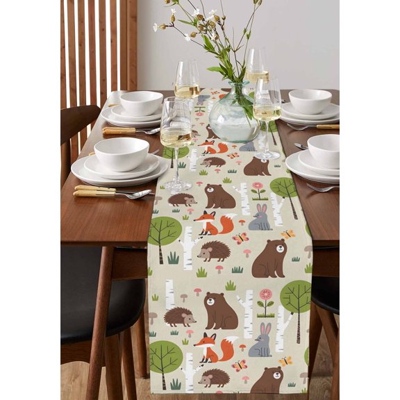 Cute Bear Hedgehog Fox Table Runner 13x36in Non-Slip Cotton Linen Table Runners, Cartoon Tree Wild Flower Dresser Scarves TableRunner for Dinner Kitchen Dining Wedding Party