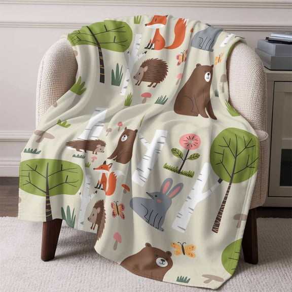 Cute Bear Hedgehog Fox Throw Blanket Flannel Fleece Throws, Cartoon Tree Wild Flower Lightweight Super Soft Warm Blankets for Couch Sofa Bed All Season Use, 50x60 in