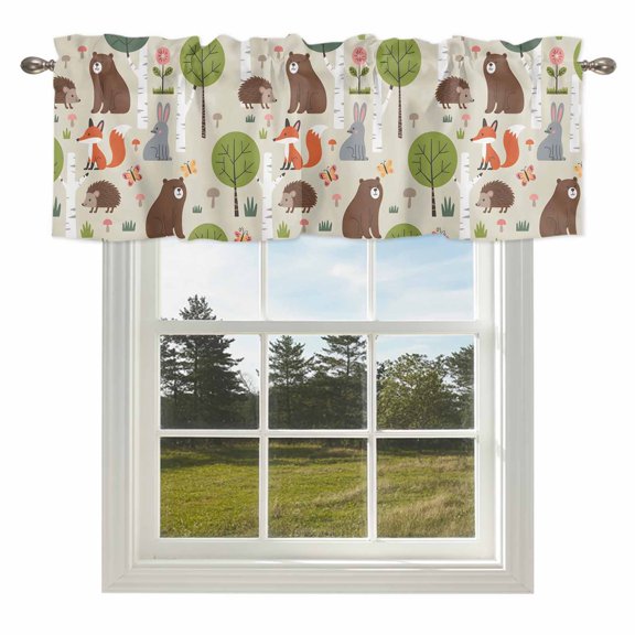 Cute Bear Hedgehog Fox Valances for Windows Cartoon Tree Wild Flower Rod Pocket Curtain Valance Window Treatment Short Curtains for Kitchen Living Room,42x12in