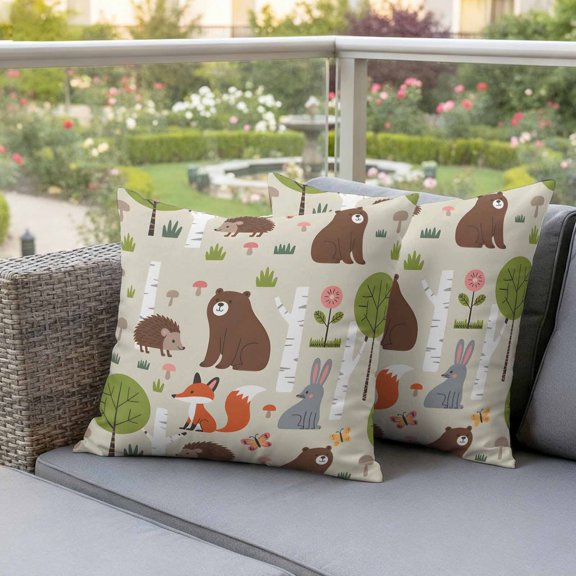 Cute Bear Hedgehog Fox Waterproof Throw Pillow Covers Set of 2 Cartoon Tree Wild Flower Outdoor Cushion Cover Pillow Protector Decorative Pillowcases for Bed Sofa Couch