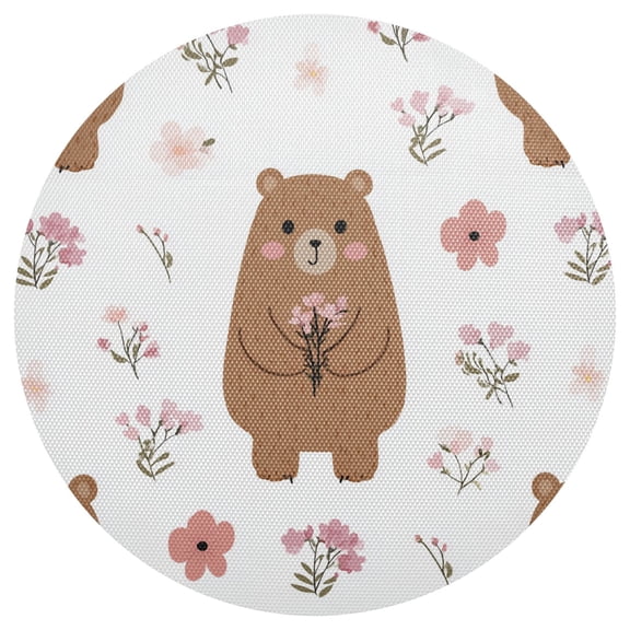 Cute Bear Holding Flowers PVC Round Grid Placemat Table Mat 1 Pc 15.4" x 15.4"
