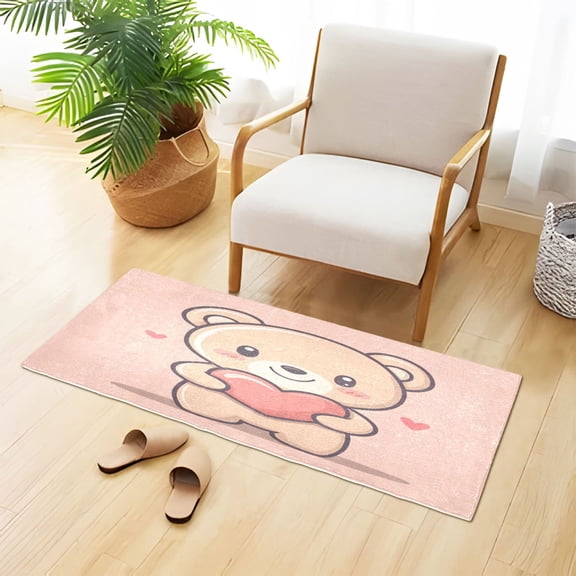 Cute Bear Holding Heart Valentine Plush Carpet Non Slip Runner Rug Absorbent Bath Mat 39" x 20"