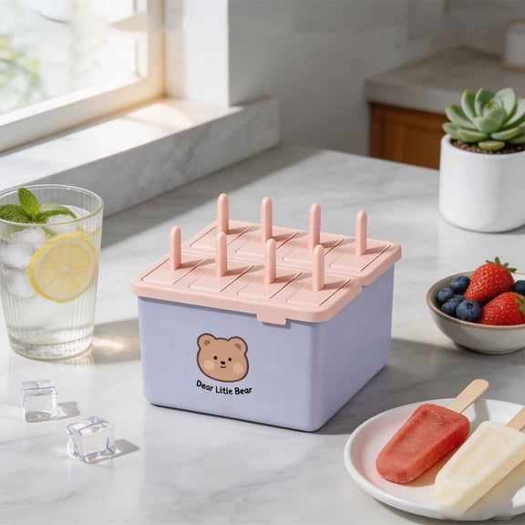 Cute Bear Ice Cream Maker, 8-Cavity Popsicle Maker Kit, Silicone Mold for Homemade Treats and Desserts, Easy to Clean Food-Grade Materials, Leakproof Lid for Convenient Storage