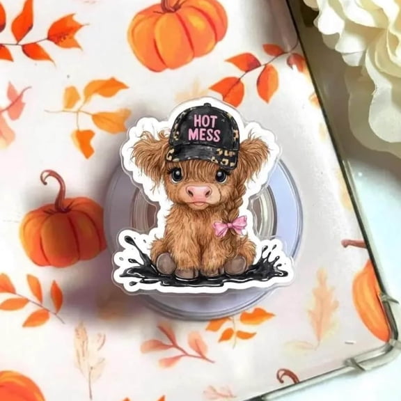 Hot Mess Highland Cow Phone Grip: Western Cowgirl Griptok, Pink Coquette Girly Cow Socket