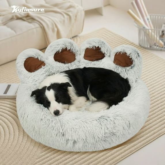Cute Bear Paw Shaped Dog Bed and Cat Bed, Warm and Comfortable Soft Plush Donut Round Mattress, with Pet Scarf, Give Your Baby a Warm and Comfortable Mattress