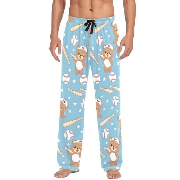 Cute Bear Play Baseball Men's Pajama Pants Cotton Long Sleepwear Lounge Pants M