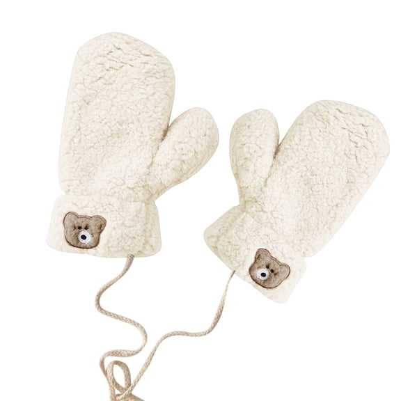 Cute Bear Plush Mittens with Neck Lanyard, Double Layer Thermal Winter Mittens, Women's Warm Fuzzy Gloves with Security Strap, Thickened Riding Mittens for Cold Weather White