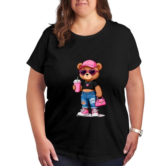 Cute Bear Print Hearts Plus Size Graphic Women Tshirt Oversized Tees Short Sleeve Casual Tee Trendy  T-shirt