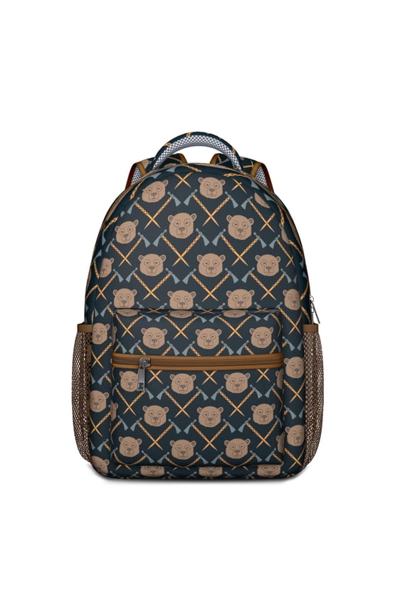 Cute Bear Print School Backpack – Brown Polar Bear Cartoon Design with Forest Winter Hunting Wild Pattern