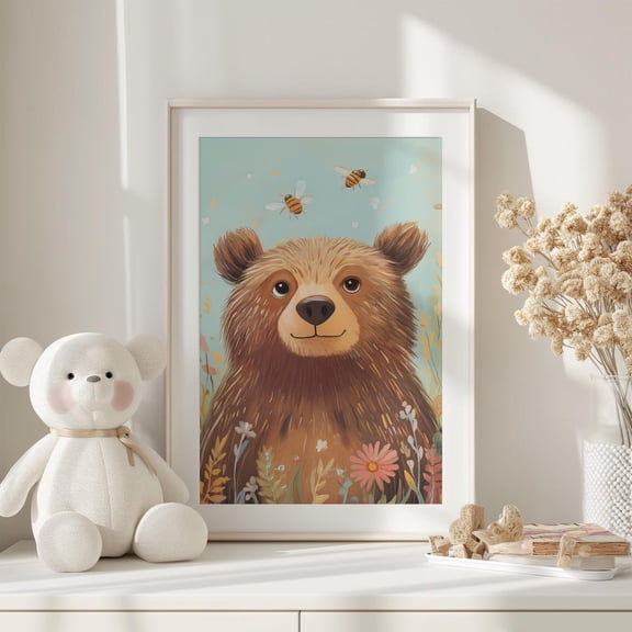 Cute Bear Print Nursery Wall Art Colorful Printable Room Decor Woodland Forest Animal Baby, Stretched Canvas 8x10in