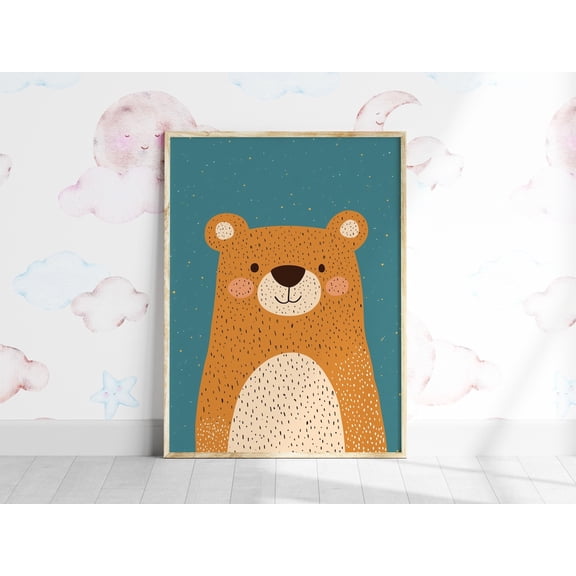 Cute Bear Print Nursery Wall Art Colorful Printable Room Woodland Decor Forest Animal Baby, Stretched Canvas 8x10in