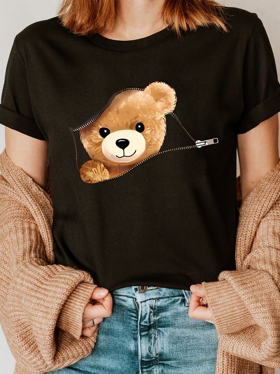 Cute Bear Print T-shirt, Cute Teddy Bear Peeking Out Zipper T‑Shirt, Short Sleeve Crewneck Casual Tee for Women