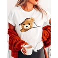 thumbnail image 1 of Cute Bear Print T-shirt, Cute Teddy Bear Peeking Out Zipper T‑Shirt, Short Sleeve Crewneck Casual Tee for Women, 1 of 7