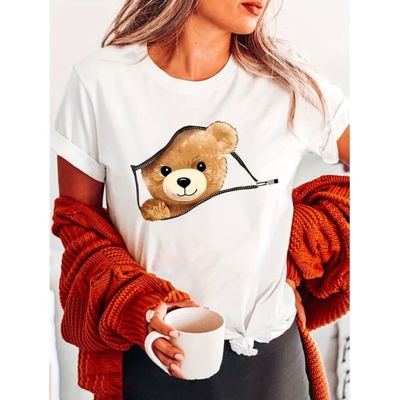 Cute Bear Print T-shirt, Cute Teddy Bear Peeking Out Zipper T‑Shirt, Short Sleeve Crewneck Casual Tee for Women