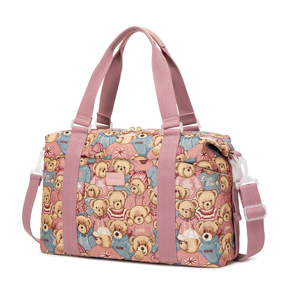 Cute Bear Print Women Duffel Bag for Travel High Capacity Jacquard Canvas Water Resistant Travel Sport Hand Bag Weekender Overnight Bag for Gym Sport