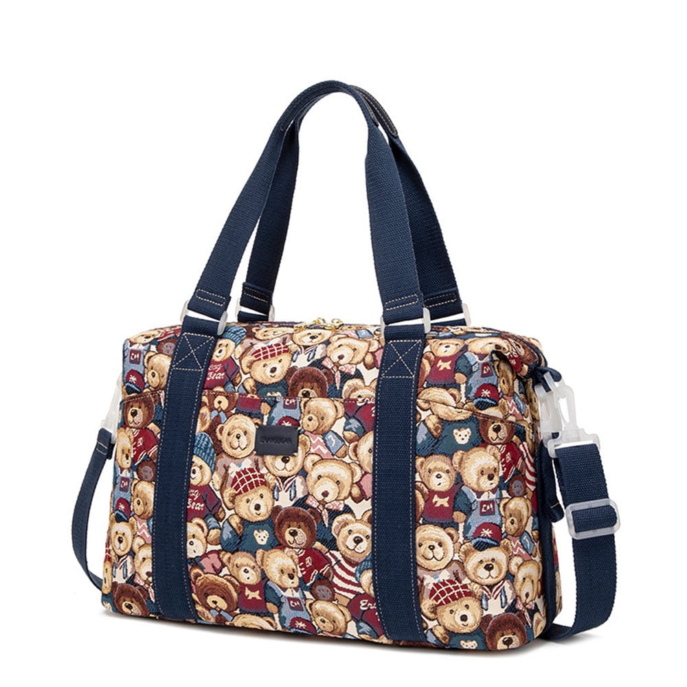 Cute Bear Print Women Duffel Bag for Travel High Capacity Jacquard Canvas Water Resistant Travel Sport Hand Bag Weekender Overnight Bag for Gym Sport