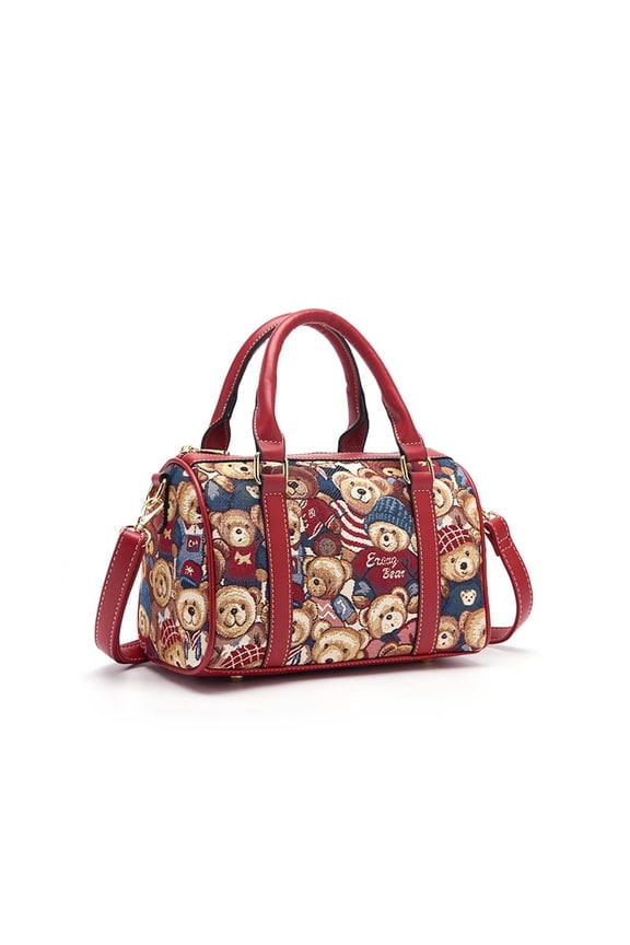 Cute Bear Print Women Handbag Canvas Boston Bowling Shoulder Bag with Leather Trimmed Top Handles And Detachable Long Shoulder Strap