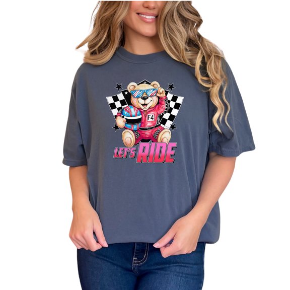 Cute Bear Racer T-Shirt, Let's Ride Motorsports Tee, Fun Racing Bear Shirt, Checkered Flag Bear Tee, Kids Racing Graphic Shirt, Denim Comfort Colors T-Shirt, 3XL
