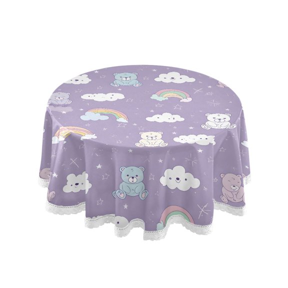 Cute Bear Rainbow Round Lace Tablecloth 60 Inch Polyester Wrinkle Resistant Decorative