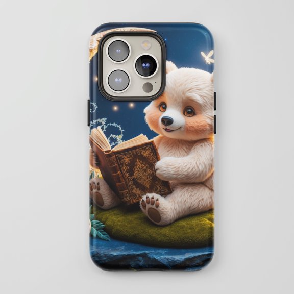 Cute Bear Reading Book For All iPhone Series Protective Phone Case Whimsical Night Blue