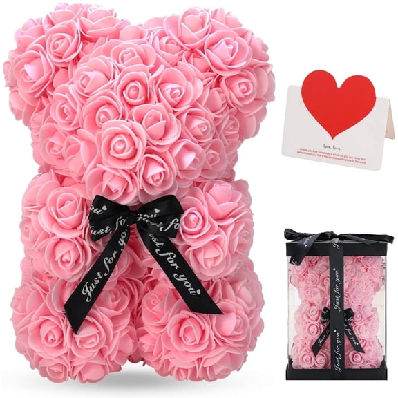 Rose Bear Gift for Women, Handmade Flower Teddy Bear with Gift Box and Card, Romantic Decoration for Mom Wife Girlfriend, Birthday, Valentine’s Day, Mother’s Day