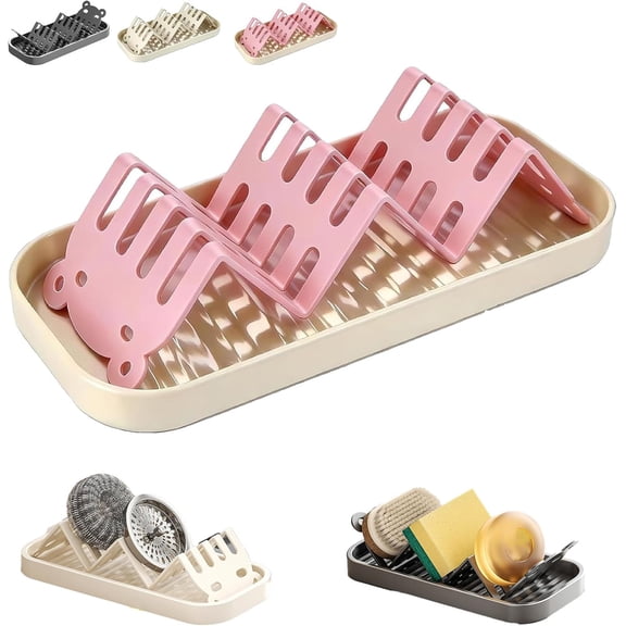 Cute Bear Shape Carbon Steel Soap Dish & Sponge Holder with Drainage, Rustproof Multi-Compartment Waterproof Sink Organizer for Bathroom Kitchen Countertop (Pink)