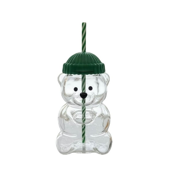Cute Bear Shaped Glass Straw Cup, Transparent Bear Water Bottle with Colorful Hat & Striped Straw, Novelty Drinkware for Kids & Adults, Multiple Colors Available(Green)