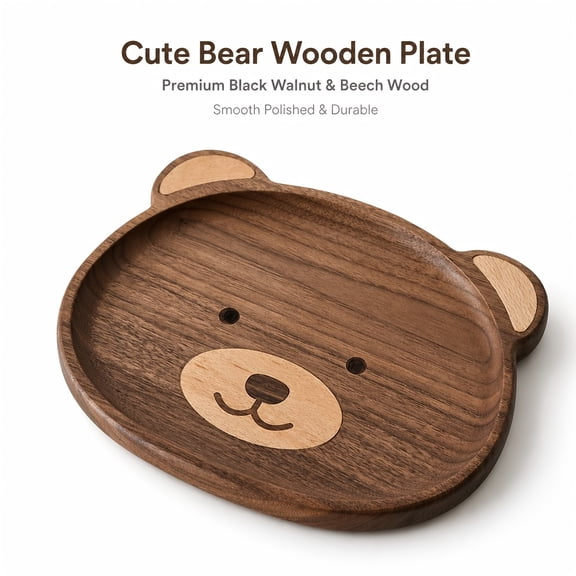 Cute Bear Shaped Wooden Serving Tray, 9.847.87 Inch Solid Wood Bear Plate, Decorative Food Serving Platter for Breakfast, Fruit, Snack, Dessert, Home Kitchen Table Decor