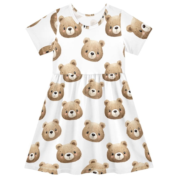 Cute Bear Short Sleeve Dress A-Line Cute Midi Casual Sundress 2-8 Years