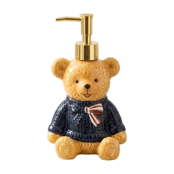 Cute Bear Shower Bottle Pump Dispenser for Shampoo Body Wash Lotion, Family Bathroom Accessory, Refillable Plastic Container with Strong Suction Cup for Wall Mount Storage