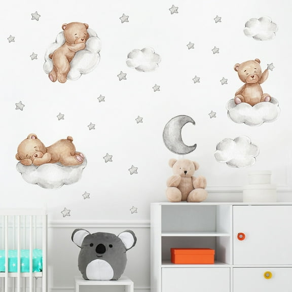 Cute Bear Sleeping on The Moon Wall Decals Removable Animals Clouds Stars Wall Stickers Baby Nursery Kids Bedroom Playroom Wall Decor