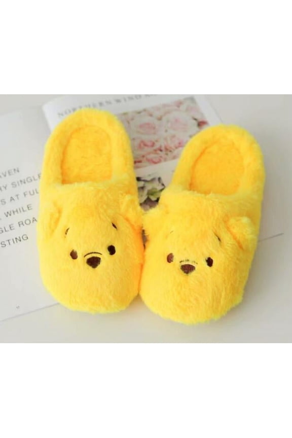 Cute Bear Soft Women Girls Winter Home Floor Plush Slippers Shoes Yellow (US size 6-8)
