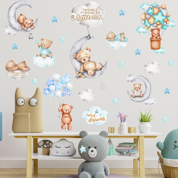 Cute Bear Star Cloud Moon Wall Decals for Kids Room, Nursery Decor, Self-Adhesive Wall Stickers