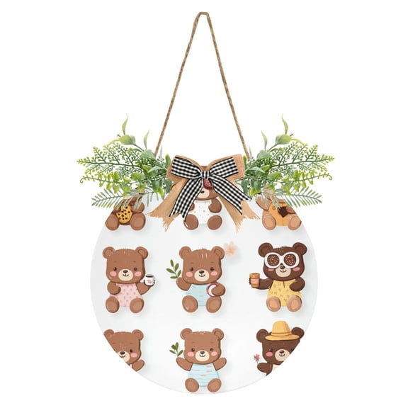 Cute Bear Stickers Front Door Porch Decoration Hanging Sign with Artificial Green Plants and Bow for Home Outdoor Indoor