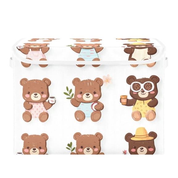 Cute Bear Stickers Large Storage Bins with Linen Collapsible Lid Storage Box 16.7 x 12.6 x 11.8in