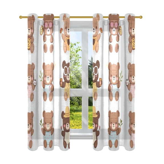 Cute Bear Stickers Semi Sheer Curtains for Living Room Bedroom Set of 2 Insulated Window Drapes