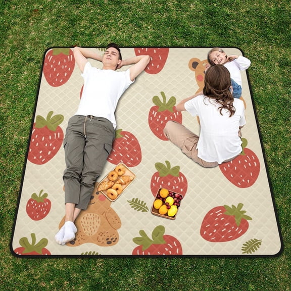 Cute Bear Strawberry Beach Blanket Outdoor Picnic Blanket 78"x 78" Waterproof Foldable for Beach Camping Travel Hiking Grass Lawn Park