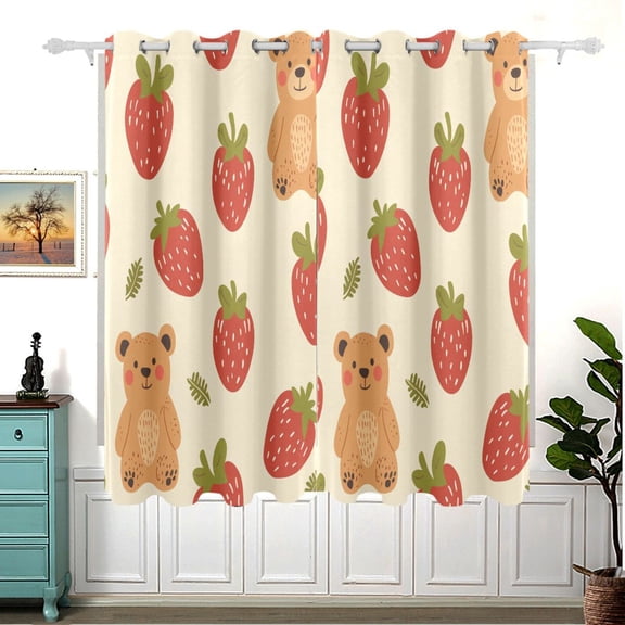 Cute Bear Strawberry Blackout Curtain Panels 63x55in Drapes Privacy Assured for Living room Bedroom Bathroom 2 panels set