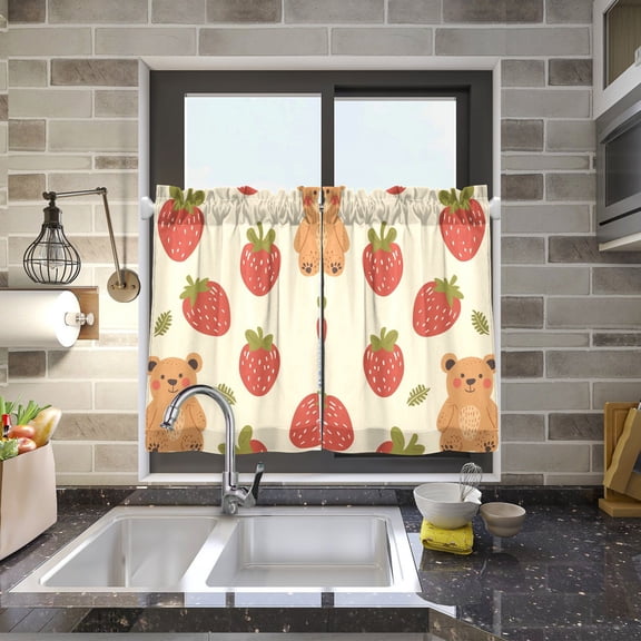 Cute Bear Strawberry Kitchen Curtains Half Tier Curtain 2 Rod Pockets Bathroom Bedroom Cupborad Living Room 27"x24"