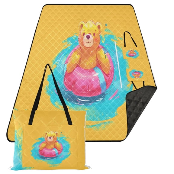 Cute Bear Swimming Circle Extra Large Picnic Beach Blanket Waterproof Sand Proof Portable Outdoor Mat 80x118