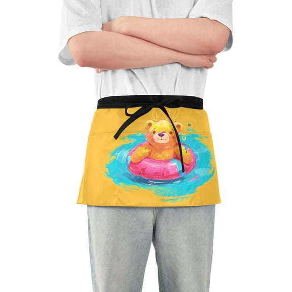 Cute Bear Swimming Circle Server Apron with 3 Pockets Waterproof Waitress Waist Short Apron for Man Woman 12 Inches