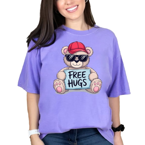 Cute Bear T-Shirt, Free Hugs Teddy Bear Shirt, Funny Graphic Tee, Cool Bear Tshirt, Casual Wear, Novelty T-Shirt, Gift for Kids and Adults, Violet Comfort Colors T-Shirt, XL