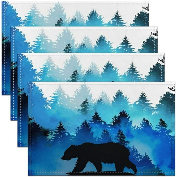 Cute Bear Table Place Mats Wild Animal Placemats Nature Wildlife Bear Washable Fabric Decoration Table Mats Placemat Lodge Western Farmhouse Black Blue Table Mats for Kitchen Decor 18"x12"